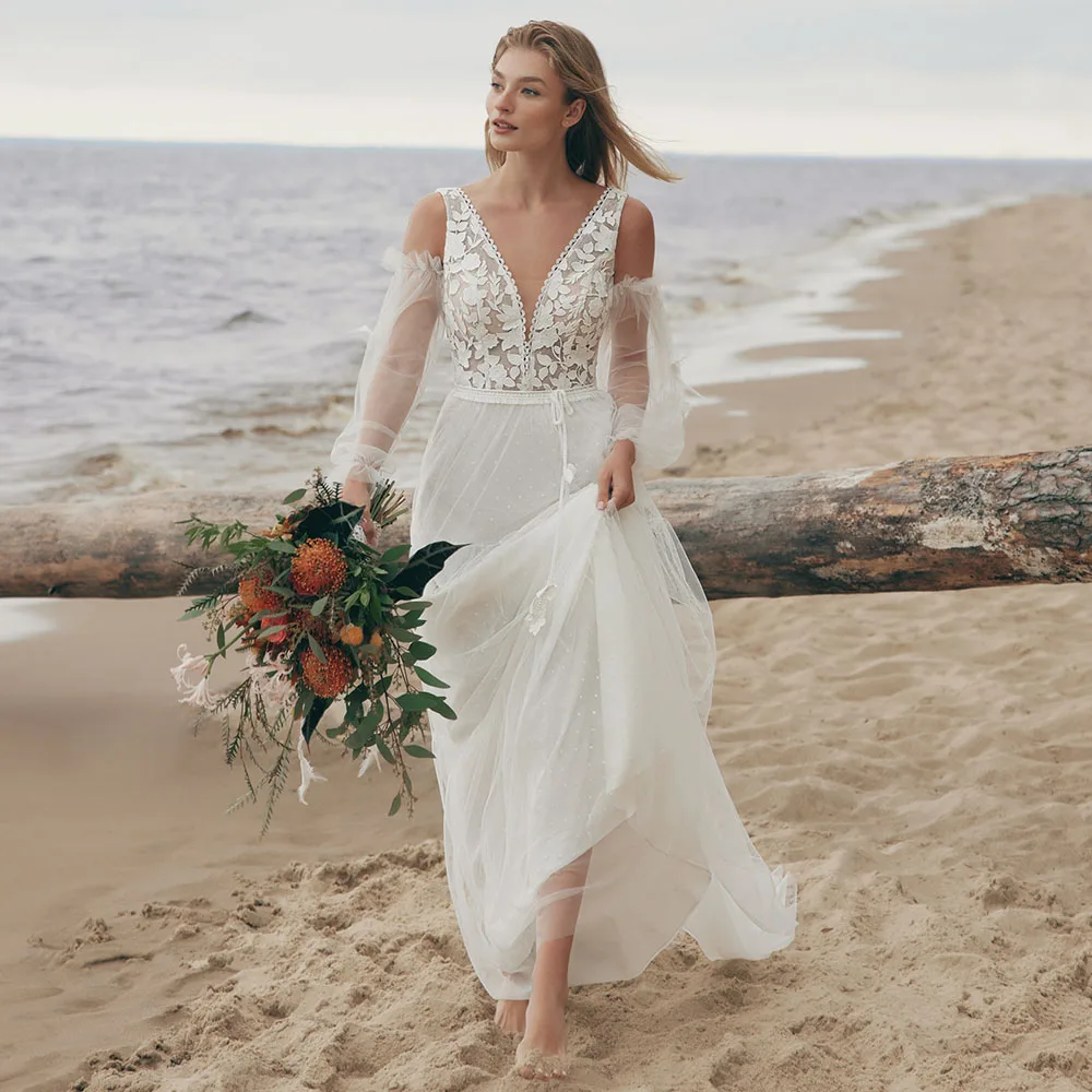 Latest White Boho Lace Tulle Wedding Dress with Detachable Sheer Sleeves Customized V-Neck Beach Zipper Back Bridal Gowns 2026