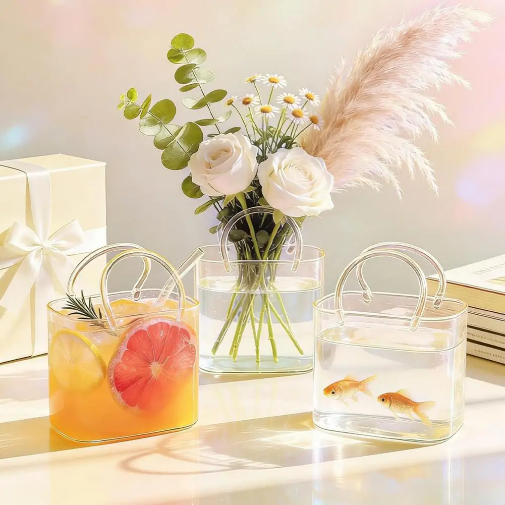Girls Room Decor Glass Handbag Shape Cocktail Glass with Straw Novelty Purse Drinkware for Wine Juice Decorative Fish for Party