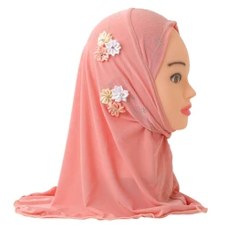 H075 Fit 2-5 years old small girl cute hijab cap with flower beautiful muslim scarf islamic headscarf hat amira pull on headwrap