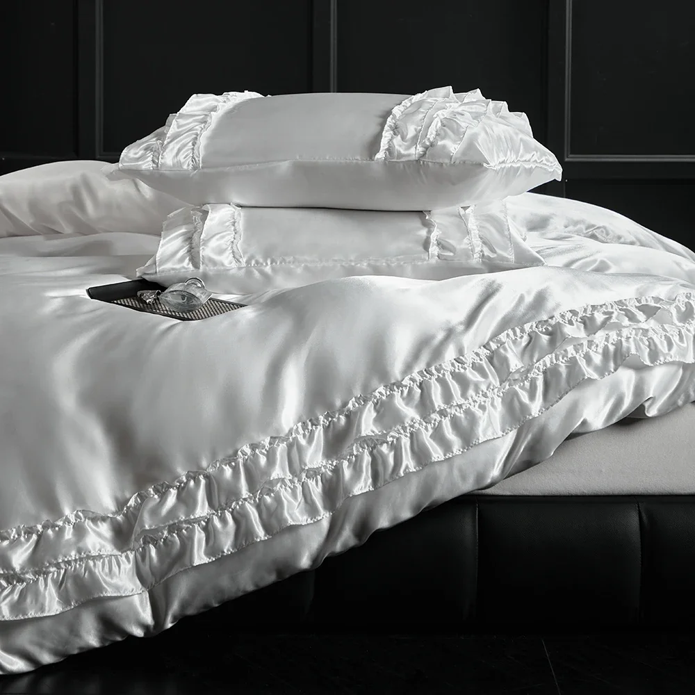 Luxury Satin Double-layered Ruffles Bedding Set Queen Soft Smooth Duvet Cover and Pillowcase Silky Single Double Comforter Cover