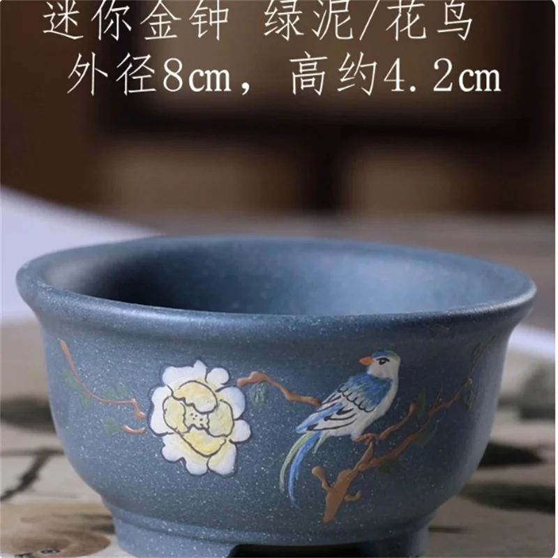 Ceramic Round Mini Bonsai Pot Blue Clay, Hand-Drawn Moon Bunny, Inner Size 7cm, Purple Sand, Home Table Garden Decoration