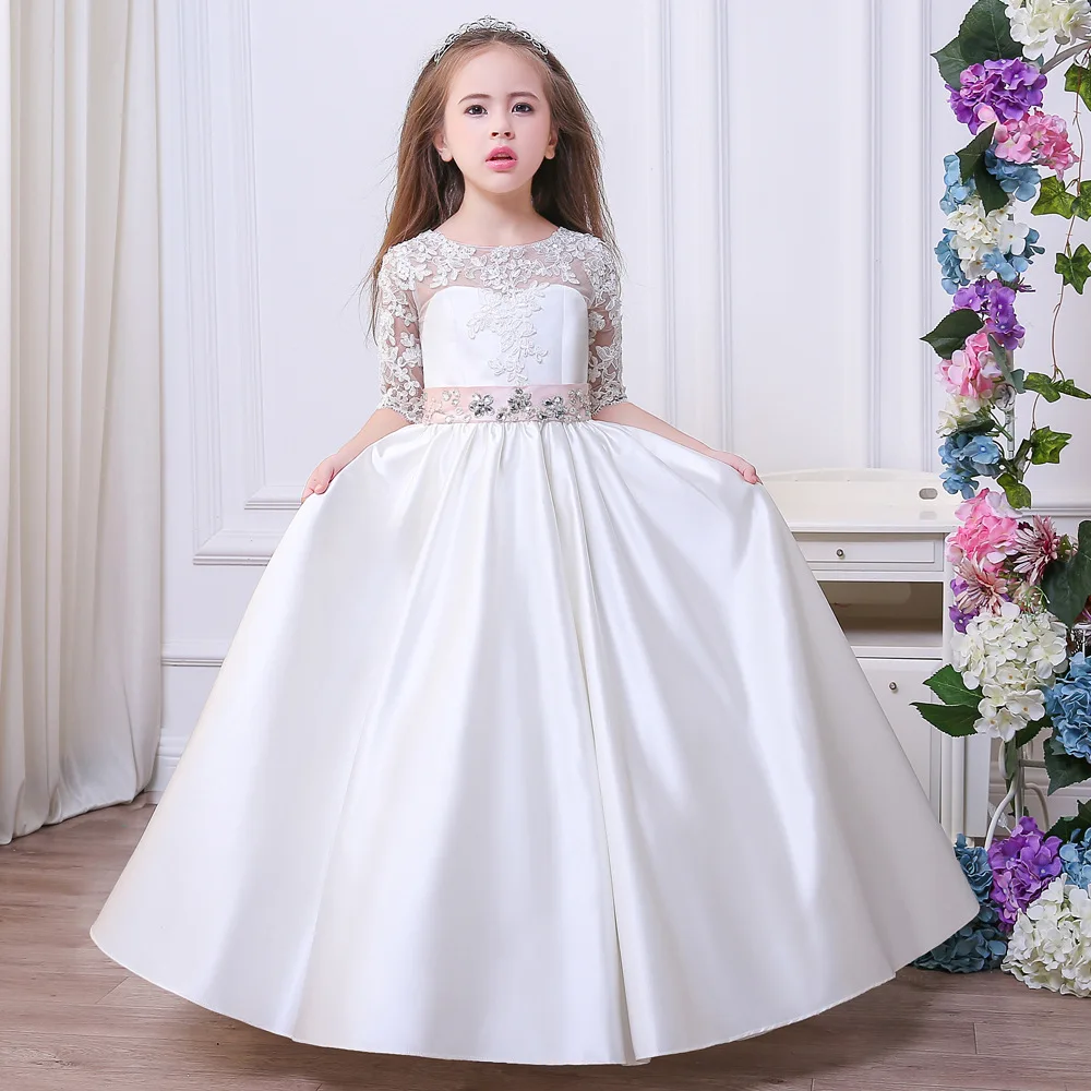 Half Sleeves Flower Girl Dresses For Weddings A-line Appliques Beaded Bow Long First Communion Dresses For Girl ittle Kids Baby