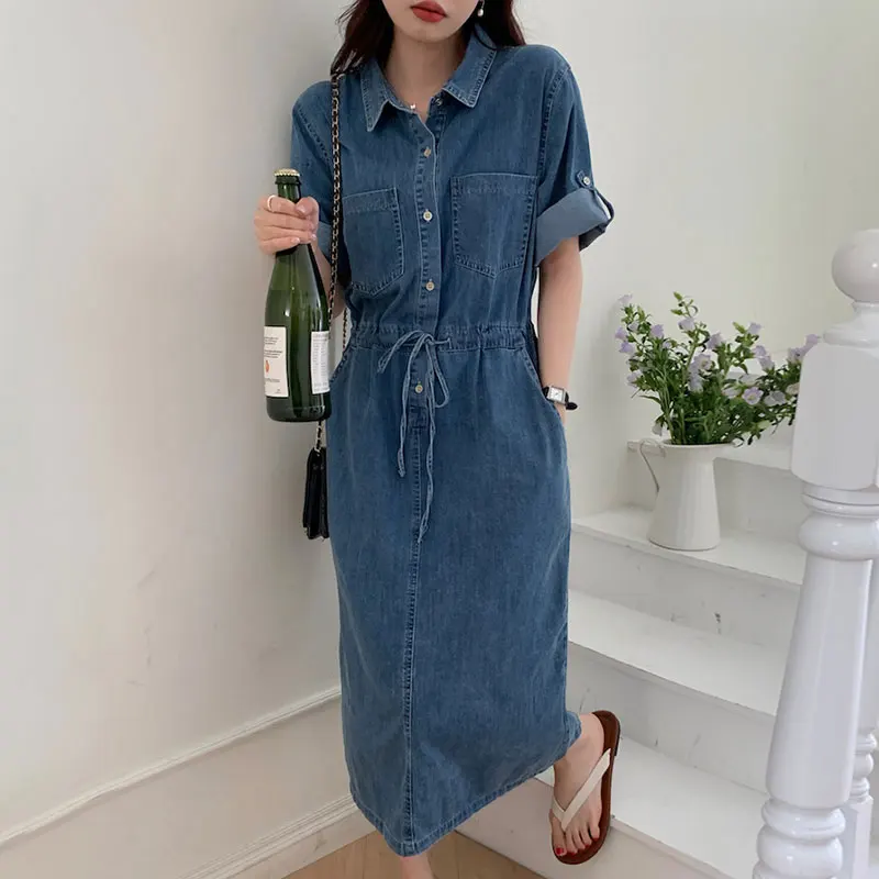 レトロサマーシックウォッシュドデニム半袖ワンピース、スタンドカラーポケットとカフスヘム付き、ハイウエスト韓国風レディース