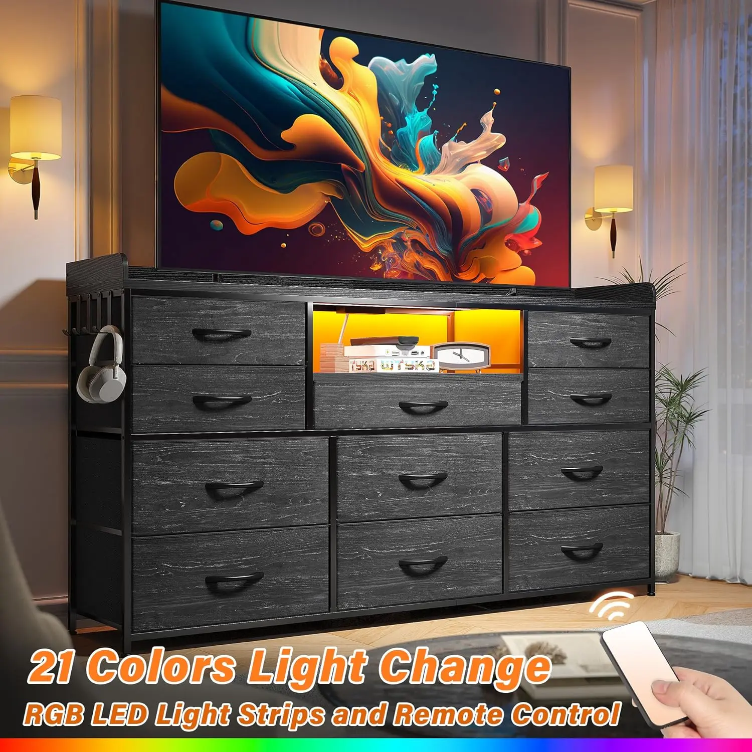 Dresser-TV Stand com Luzes LED, 11 Gavetas, 60 "TV Stand para Quarto com Tomadas de Energia, Prateleiras Longas