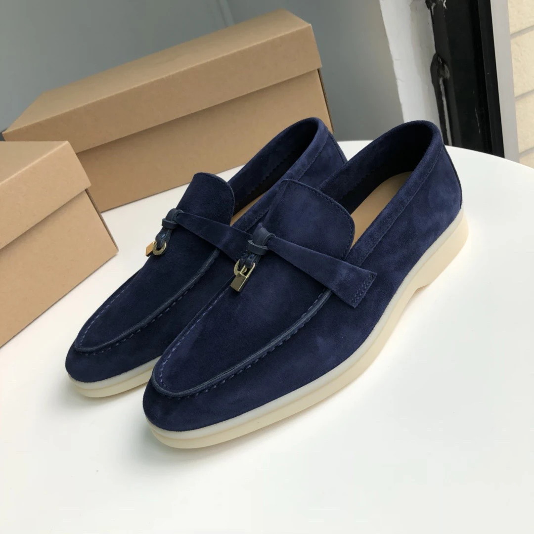 Genuine Leather Kidsuede Man Women Flat Shoes Lazy Slip-on Loafers Lady Metal Lock Casual Walk Shoes Woman Single Shoe Summer