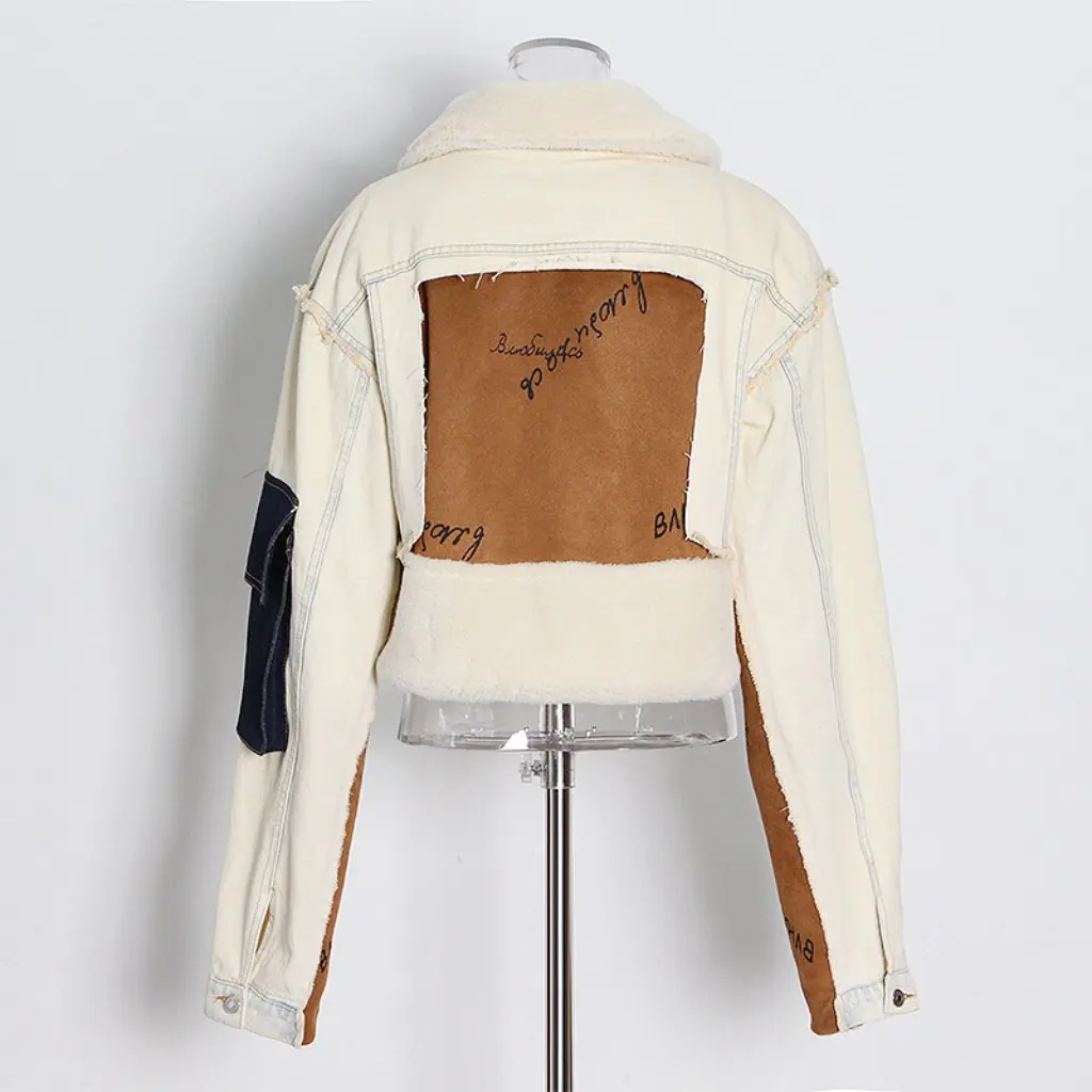 

Women's European American Lamb Wool Short Jacket Casual Fashion Design Contrasting Flap Pocket Pants Outwear New