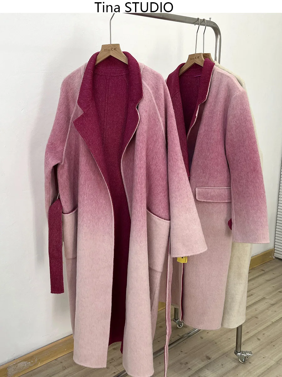 

Casual Double-sided Gradient Color Wool Cashmere Coat Women Fashion Turn-down Collar Coat Lady Loose Tweed Jacket Autumn Winter