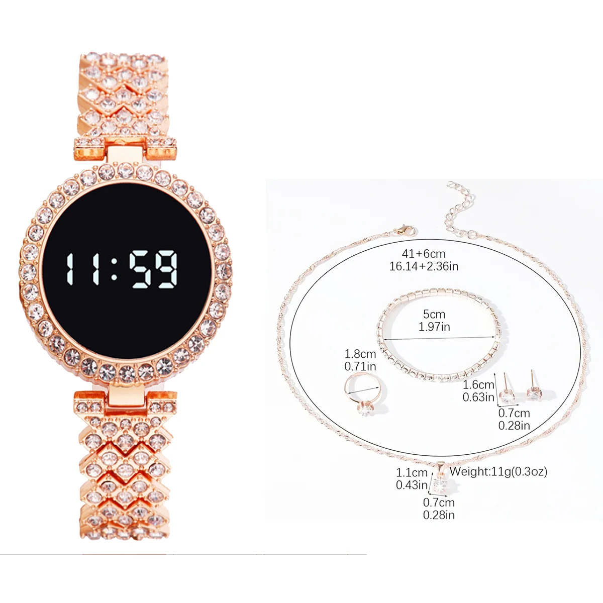 Women Digital Watch 5pcs Set  Fashion Casual Alloy Strap Led Watches FREE Bracelet Ring Necklace Earring