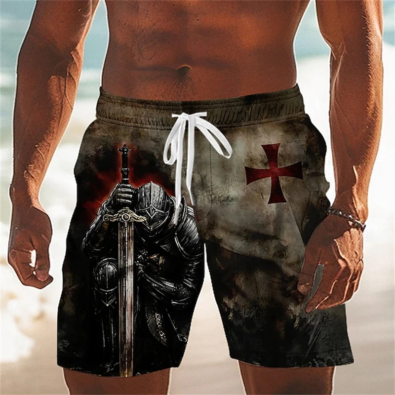 3D Printed Templar Cross Graphic Men's Retro Casual Shorts  Vintage Outdoor Daily Elastic Drawstring Waist Summer Swimsuit New