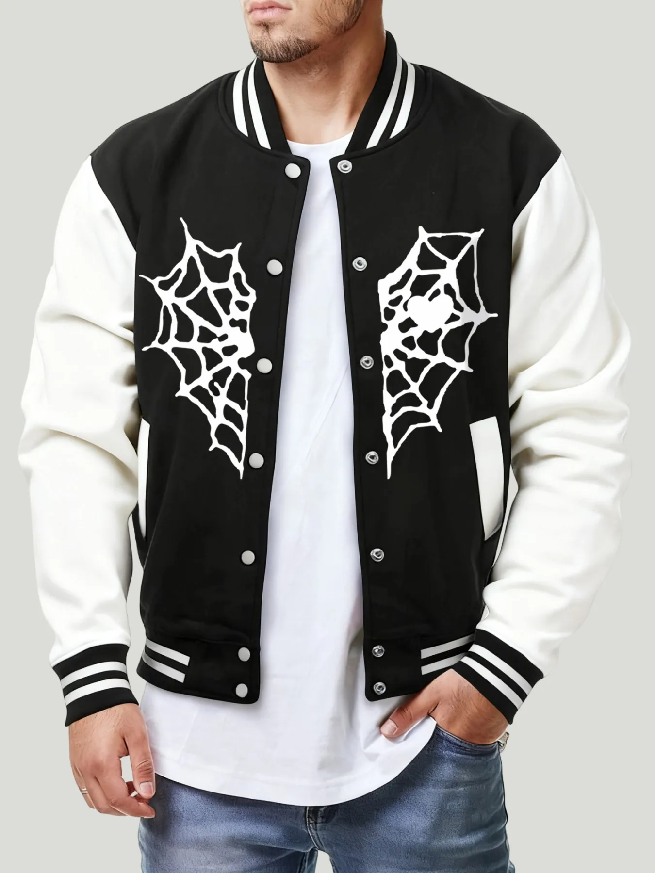 White Heart-Shaped Spider Web Print Autumn Jackets Mens Y2K Menswear Hip Hop Street Clothes Vintage Loose Baseball Jersey