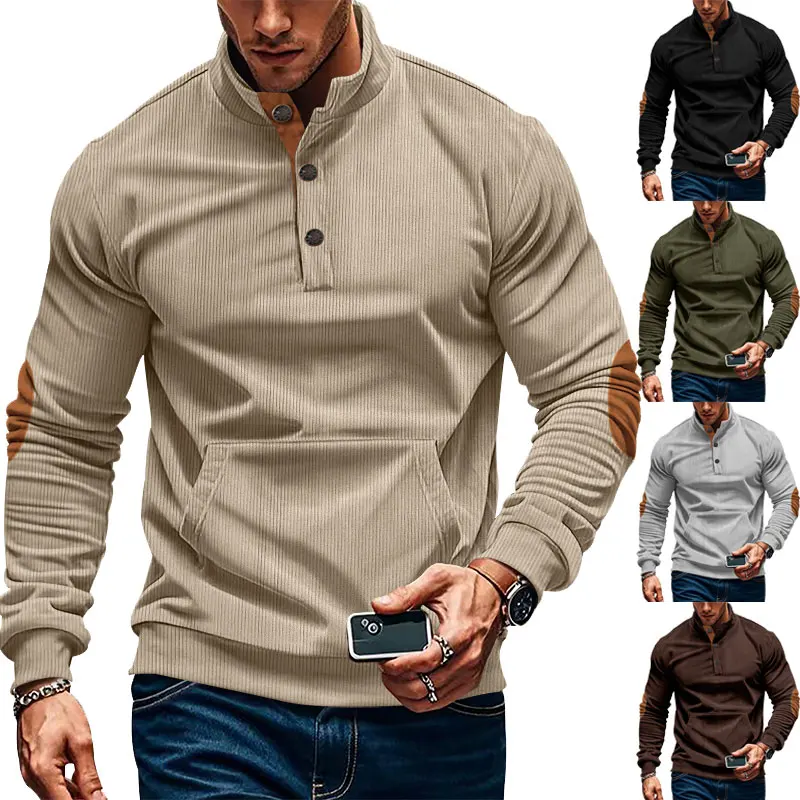 2024Autumn and Winter New Men's Stand Collar Sweater Corduroy Casual Long Sleeve Patchwork Pocket Sweatshirt Men's Clothing