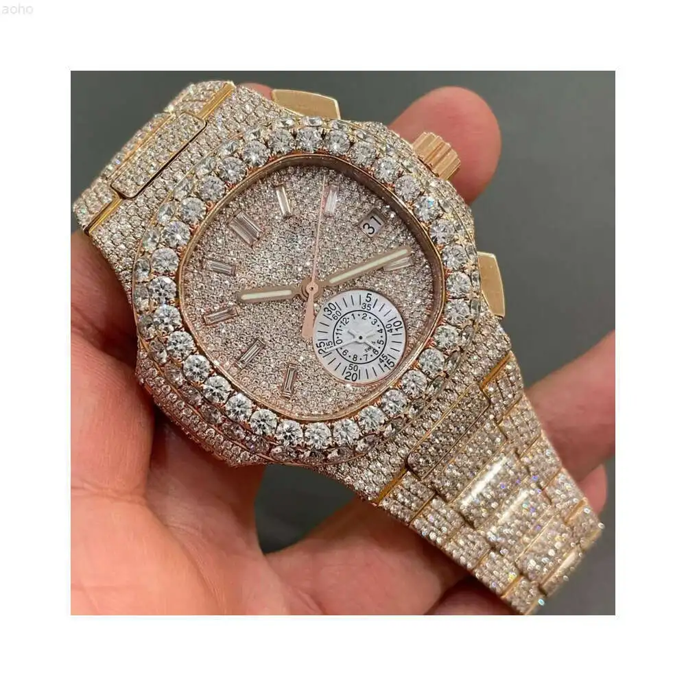 Lab Diamond 14k Gold Finish Icy Watch Designers with Shinny Clarity Crystals Bling Street Wear Style Best Quality