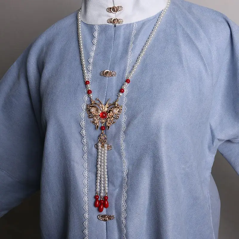 Vintage Chinese ABS Pearls Necklace Ming Dynasty Hanfu Butterfly Pendant Necklace for Women