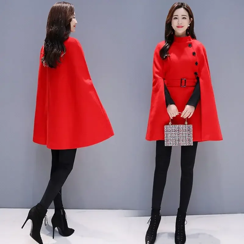 Autumn Winter Women's Light Luxury High-end Socialite Temperament Goddess Style Design Sense Black Cape Leisure Coat Cloak E568