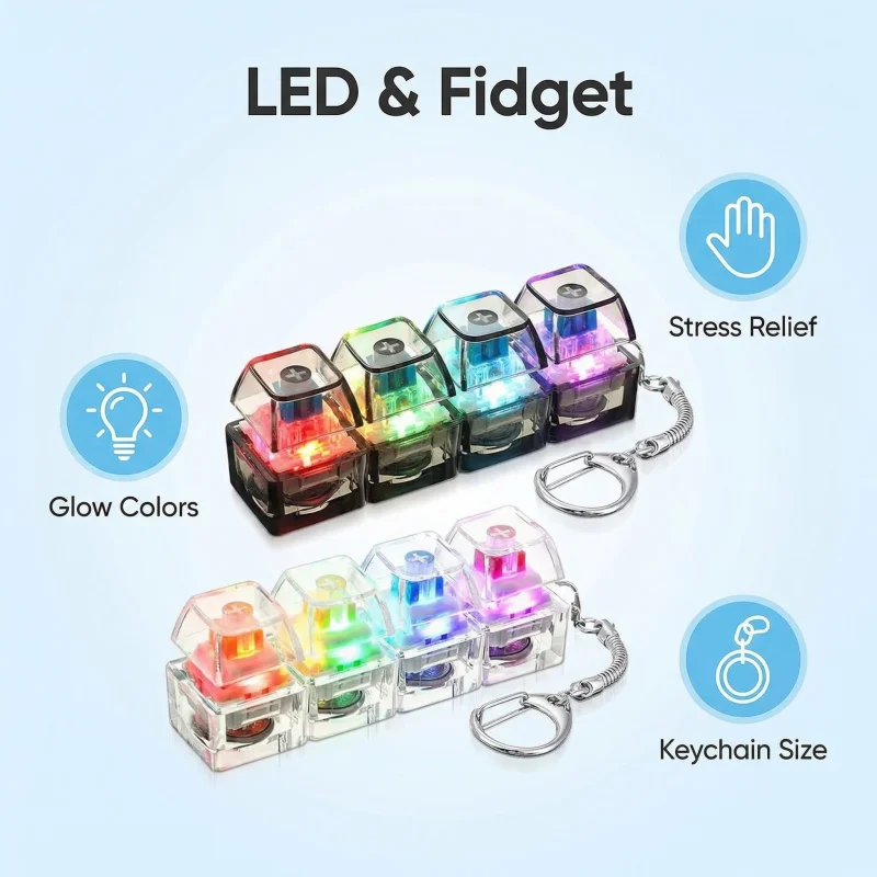 Chaveiro de Teclado Mecânico com LED, Brinquedo Anti-stress com 4 Switches e Som de Clique, Presente Legal para Gamers (Meninos e Meninas)