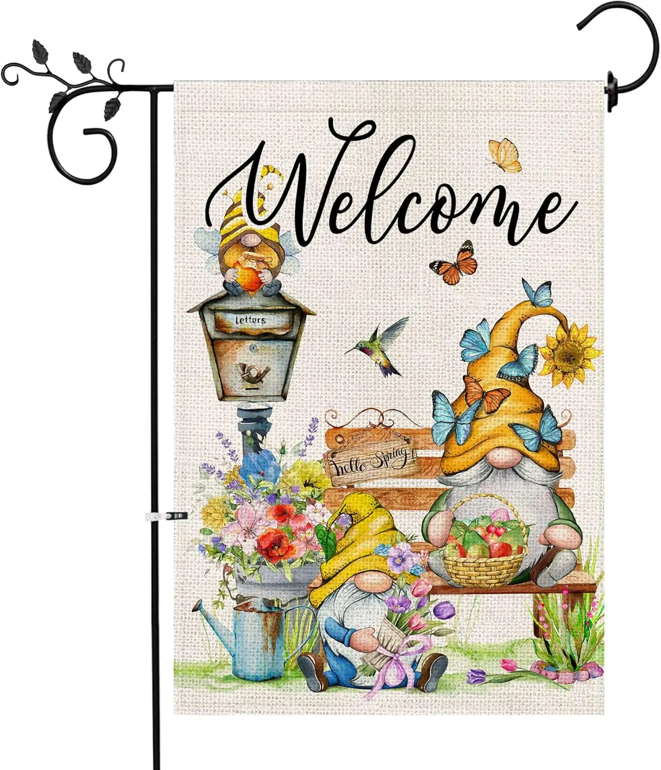 Spring Welcome Garden Flag 12 x 18 inch Double Sided Outside decorations, Spring Summer Gnomes Flower Small Garden Flags for WWP