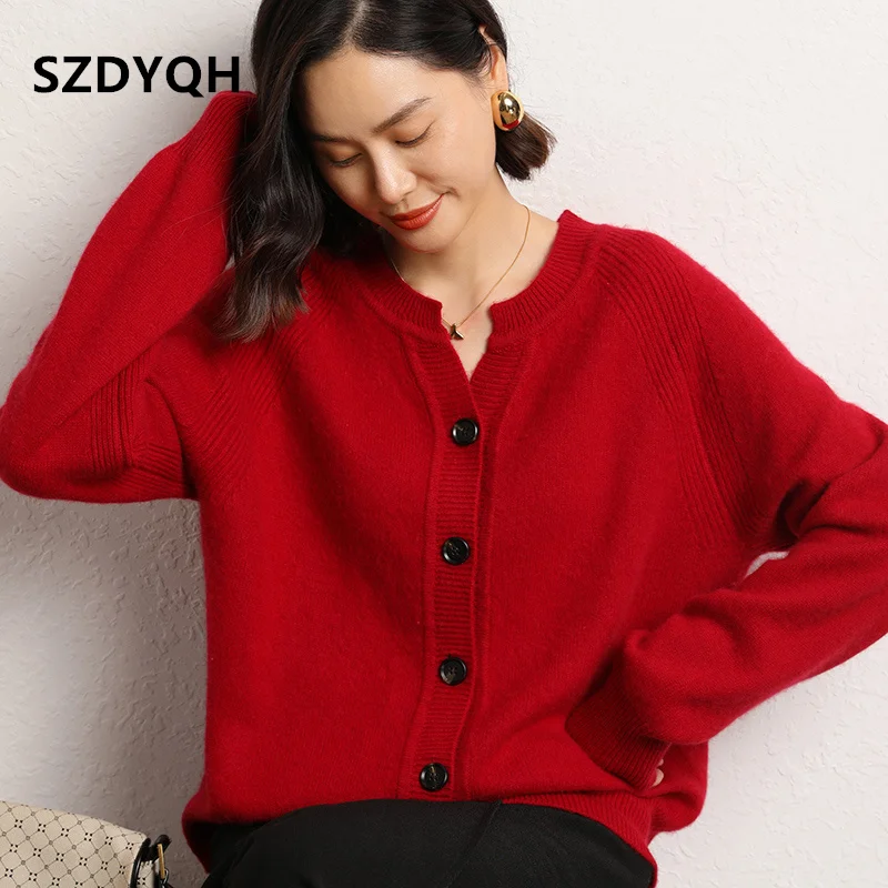 2023 Hot Sales Autumn Women\'s Cardigan 100% Cashmere Knitted Sweater  Tops Coat Casual O-Neck Loose Large Size Shirt Spring