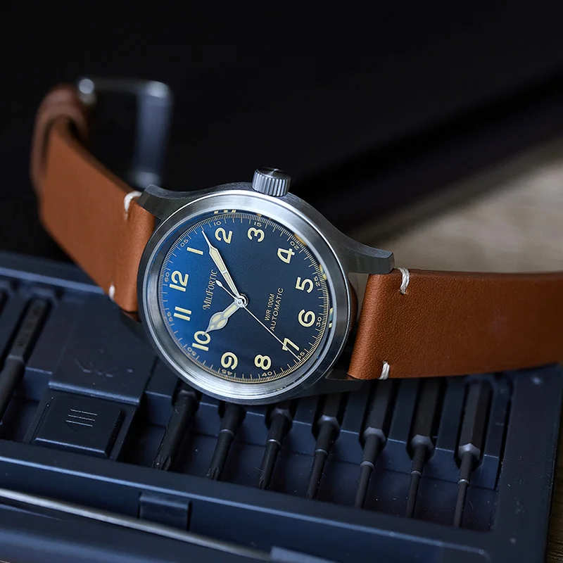 Relógios de campo milifortico m059 militar 39mm automático 100m à prova de relógio cristal safira luminoso couro homenagem relógios de pulso