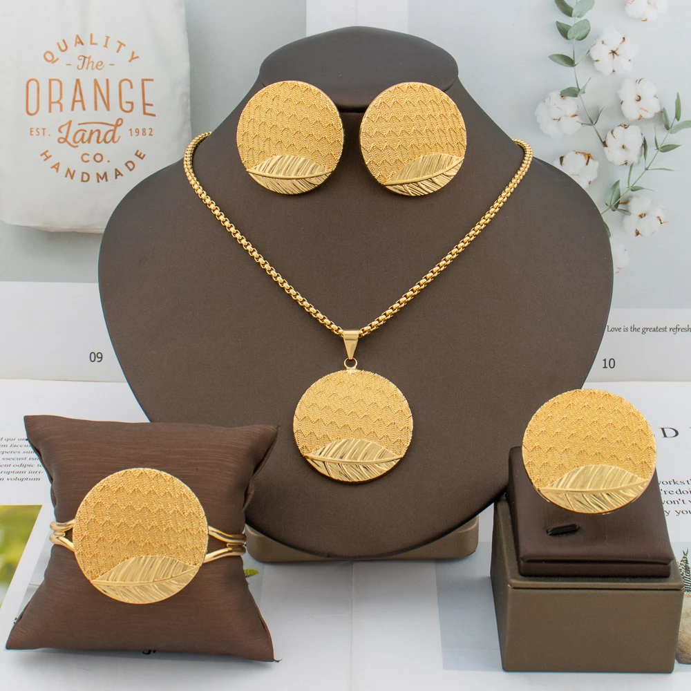 Itlaian Gold Color Jewelry Set For Women Necklace Earring Bangle Ring 4Pcs Set Wedding Gift Daily Wear Creative Trend Jewelry