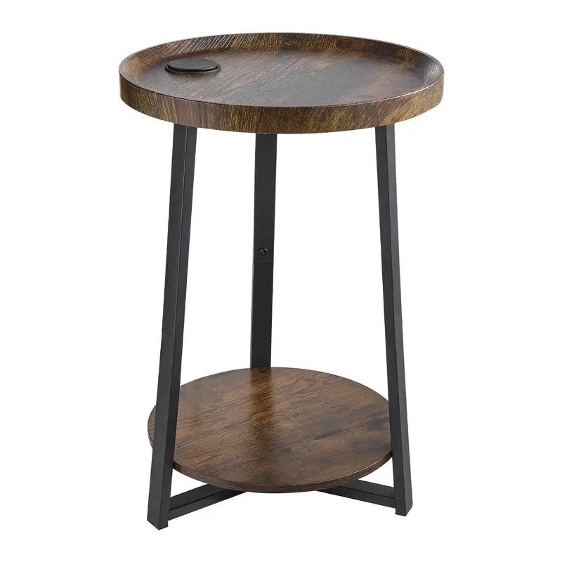 End Table, 2-Tier Round Side Table with Open Storage Shelves, Modern Nightstand Bedside Desk with USB & AC Charging Port, Woo