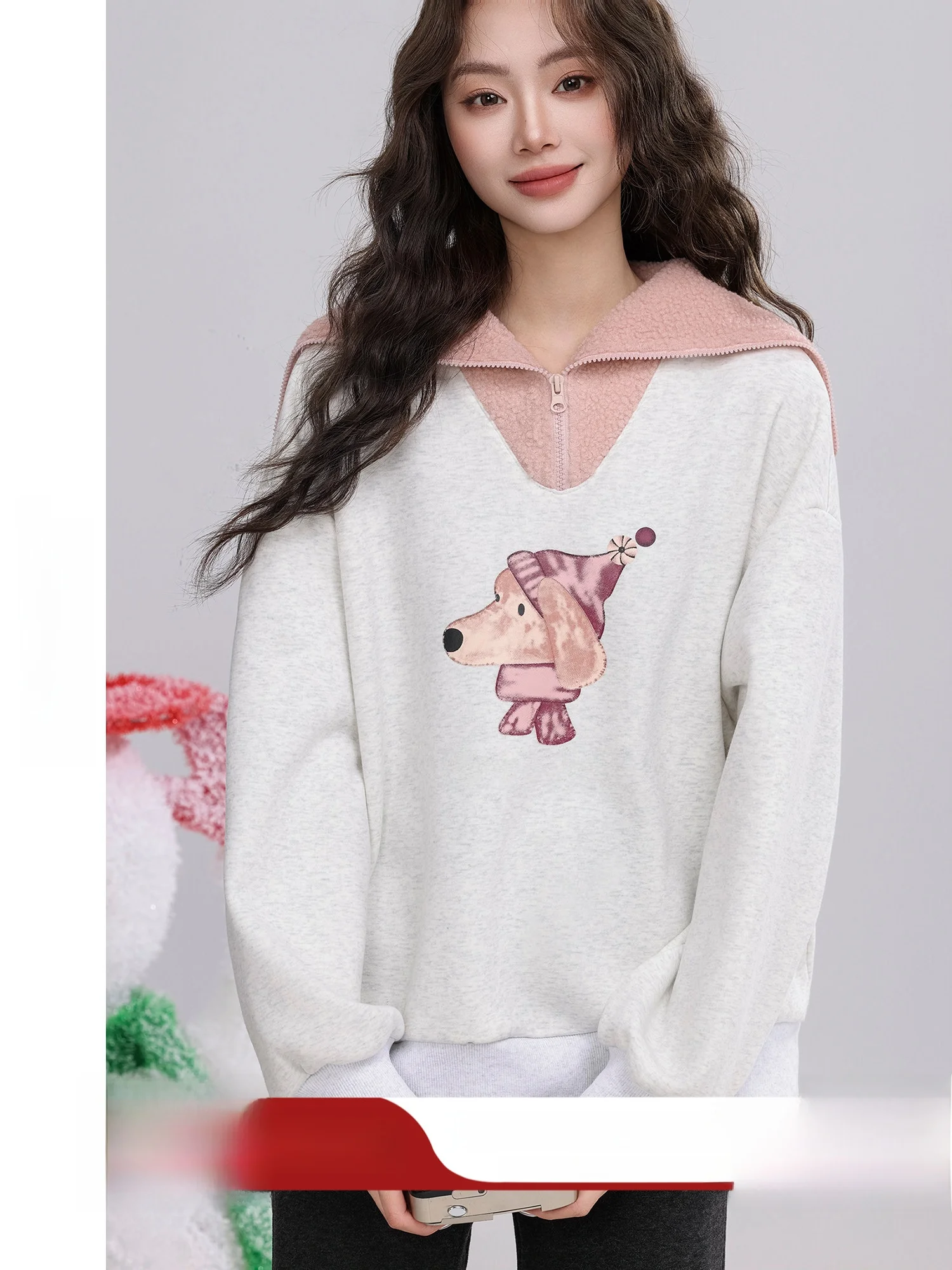 

Fleece Lined Hoodie Women's Winter New Design Fun Dog Print Patchwork Loose Fit Korean Style Long Sleeve Cotton Blend Sweatshirt
