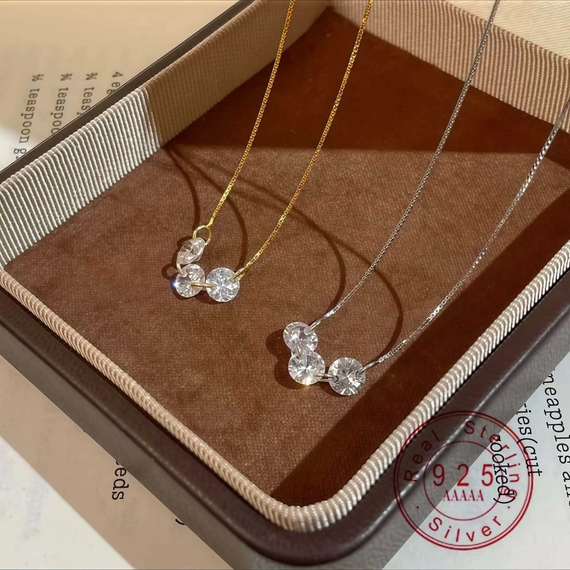 

925 Sterling Silver Necklace 18K Gold Plated Three Cubic Zirconia Pendant Chain for Women Fashion Jewelry Gift