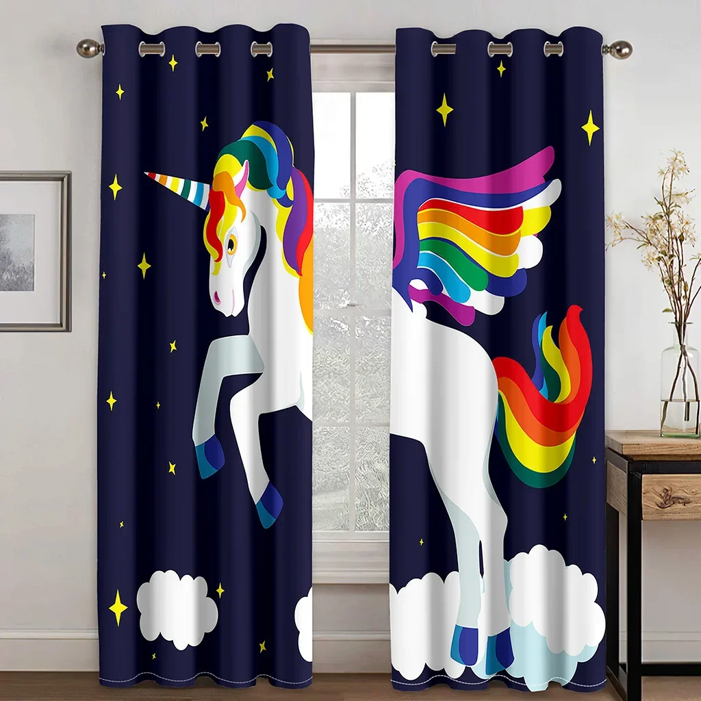 

Rainbow Unicorn Cartoon Cute Girl Childern Baby Free Shipping Thin 2 Pieces Curtains for Living Room Bedroom Window Drape Decor