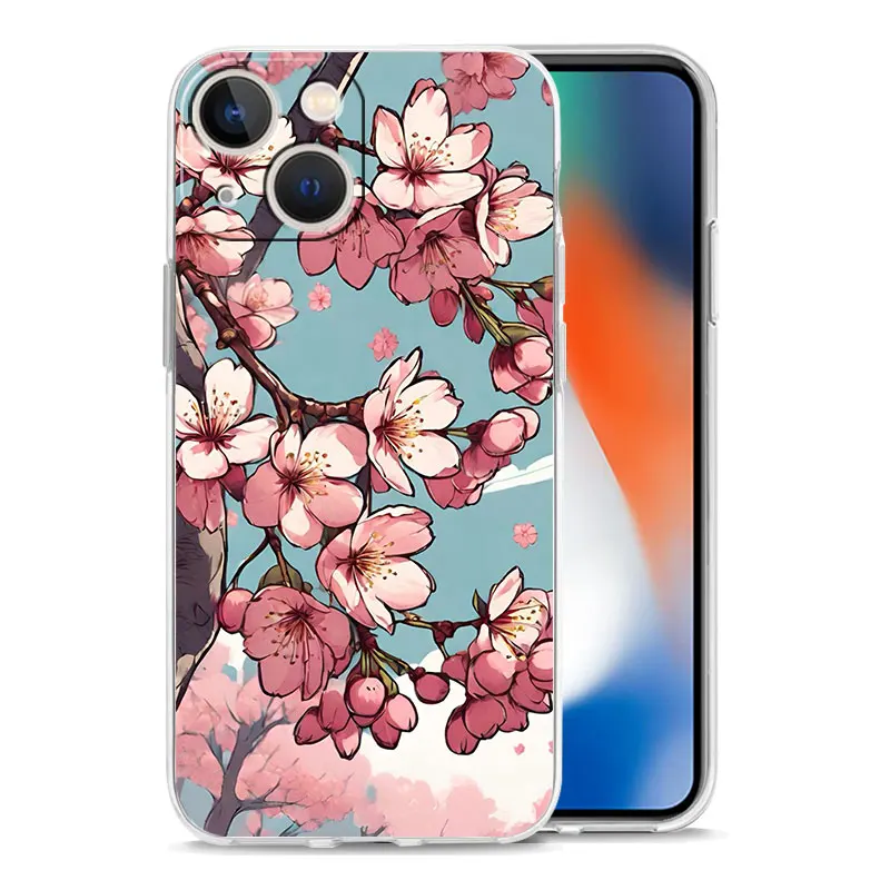 Cherry Blossom Tree Luxury Transparent Phone Case For iPhone 15 14 13 12 mini 11 Pro Max XS X XR SE 7 8 Plus Clear Cover