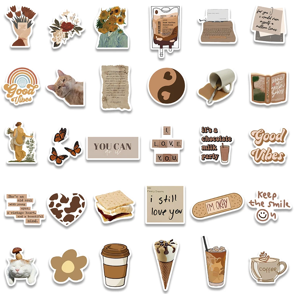 60PCS Ins Style Cool Brown Art Graffiti Stickers Aesthetic Cartoon Decals Toys Skateboard Guitar Notebook Phone Bike Sticker