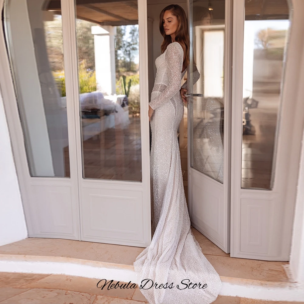 حالمة تول مخصصة فيستدو دي نوفيا جودة عالية اللؤلؤ حورية البحر ثوب الزفاف أزياء طويلة الأكمام قطار المحكمة فستان الزفاف