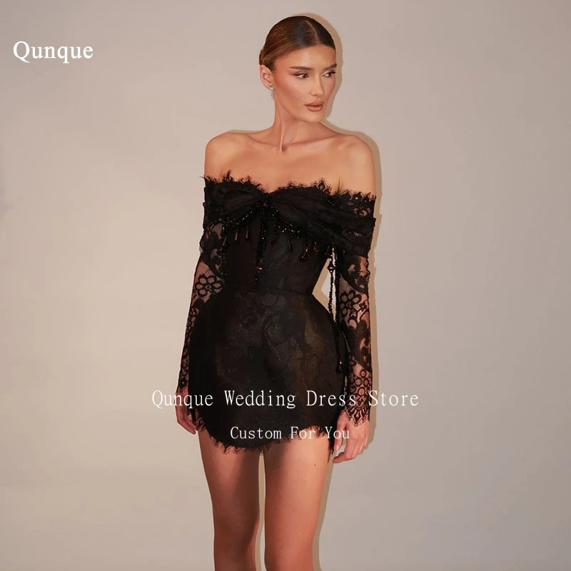 

Qunque Black Lace Mini Evening Dress Elegant Tassel Beadings Crystals Short Party Cocktail Gowns Sukienka Na Imprezę Customized