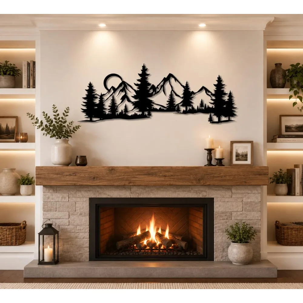Mountain Landscape Metal Wall Art, Rustic Iron Sculpture, Fireplace Mantel Home Indoor Outdoor Wall Decor Gift