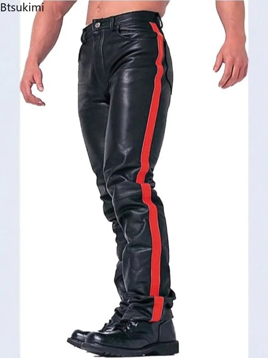 Neue Herren Schwarze PU-Lederhose mit Seitenfarbblockierung im Punk-Stil, Lässige Straßenhose, Motorrad-Lederhose für Alle Jahreszeiten