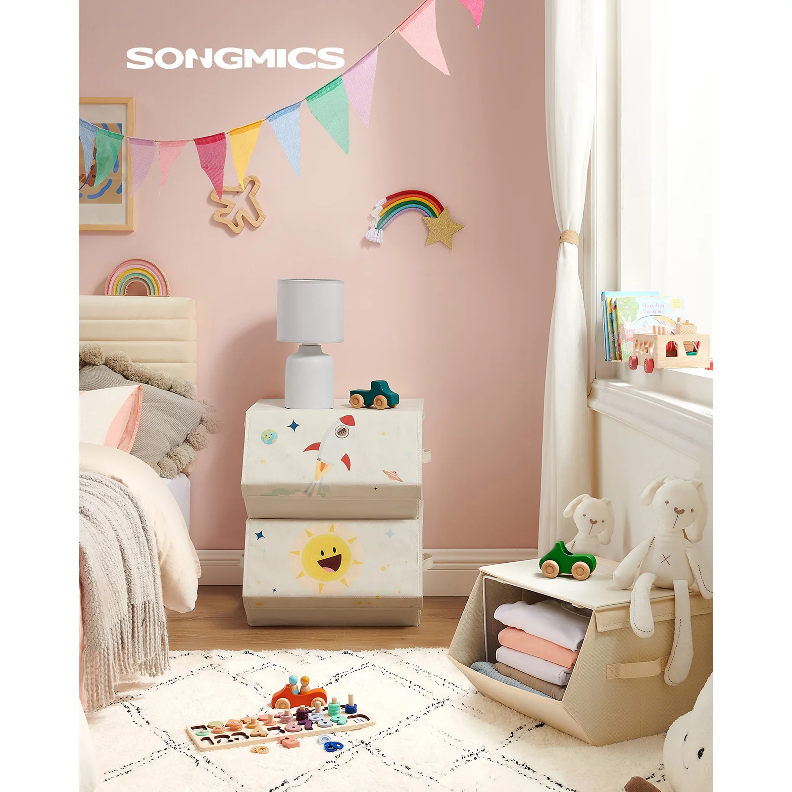 SONGMICS Cajas de juguetes para niños: juego de 3 apilables, plegables con asas, tapa magnética. Habitación infantil, sala de juegos. Tema espacial, Beige.