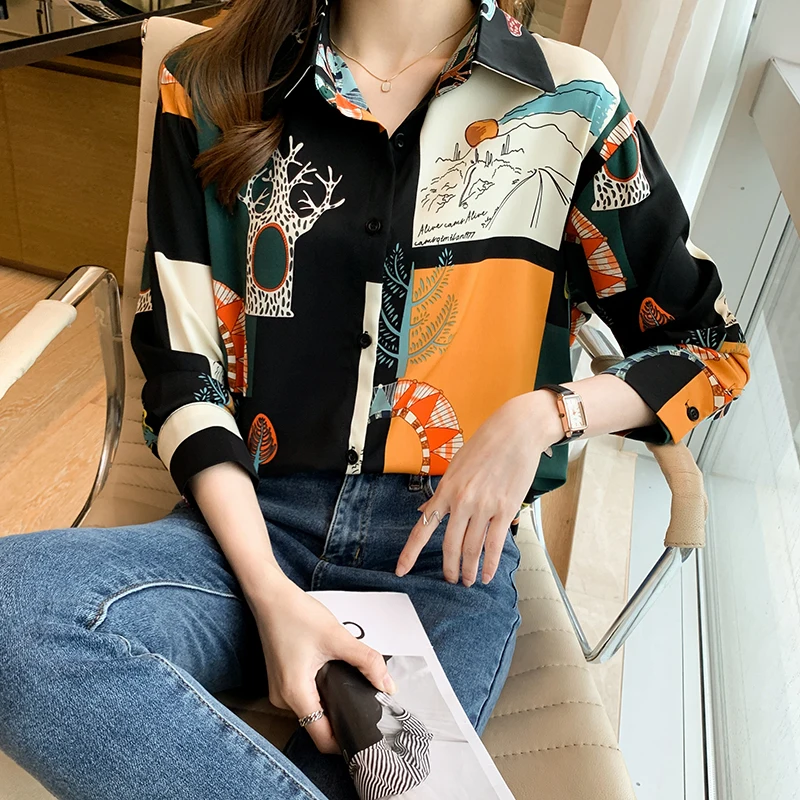 Women Korean Fashion Loose Printing Chiffon Polo-Neck Long Sleeve Shirts Ladies Casual All-match Appear Thin Office Lady Tops