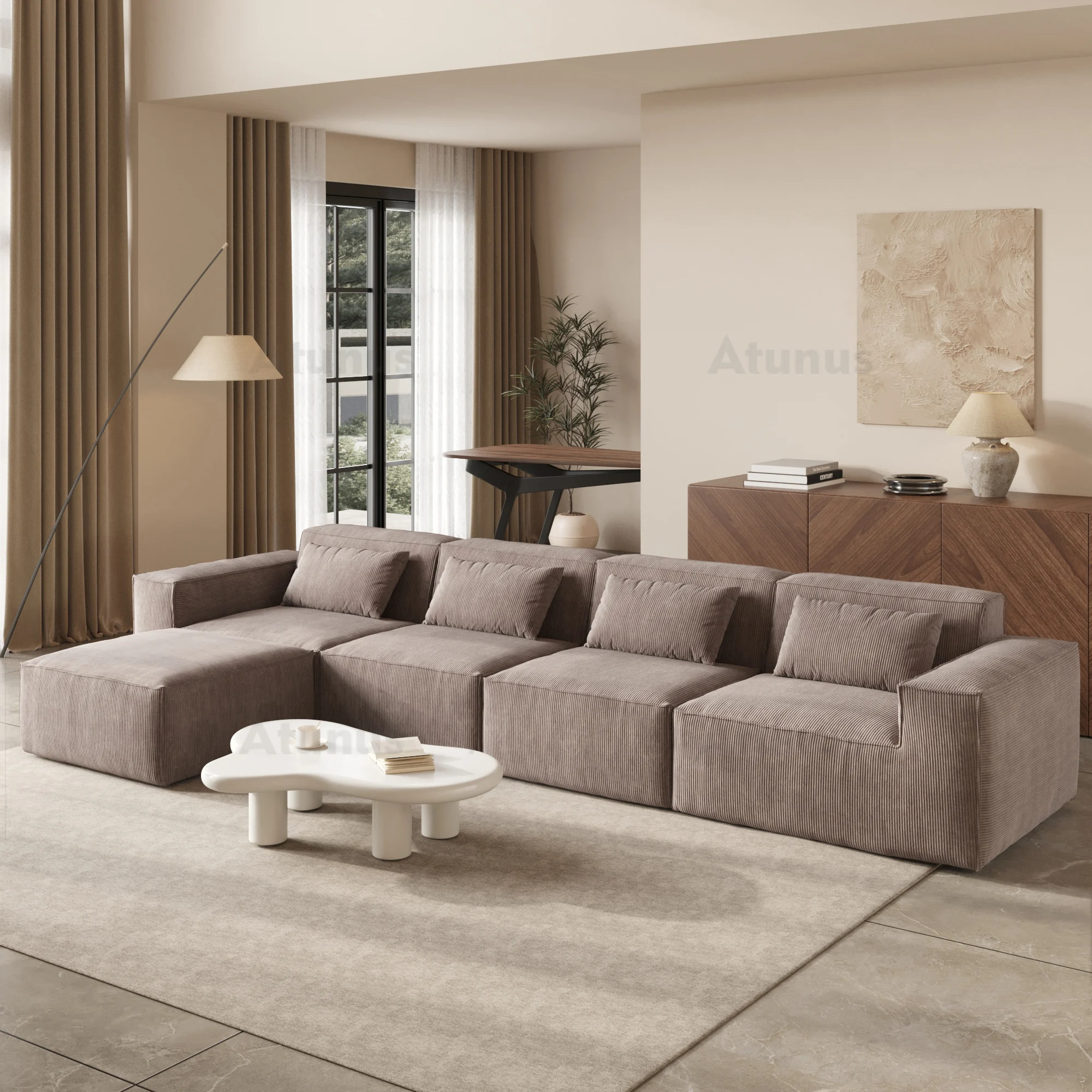 French Brown Compress in Stock White L Shape Sofa 4 Seater  Modular Sectional Sofa Corduroy Fabric Living Room Couch Set