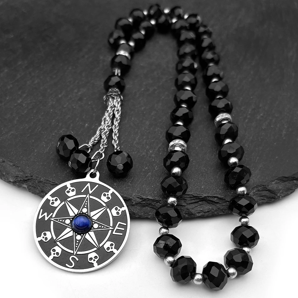 

Gothic Compass Skull Car Pendant for Women Men Stainless Steel Blue Natural Stone Glass Prayer Beads Chain Gift Amulet Jewelry