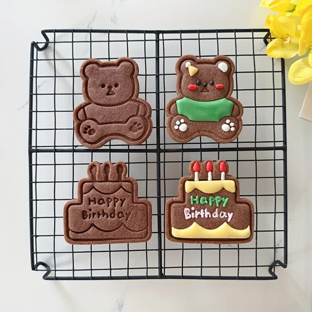 2pcs Cute Cartoon Happy Birthday Cake Cookie Molds Little Bear Frosting Baking Tools Baby Food Bun And Cookie Molds