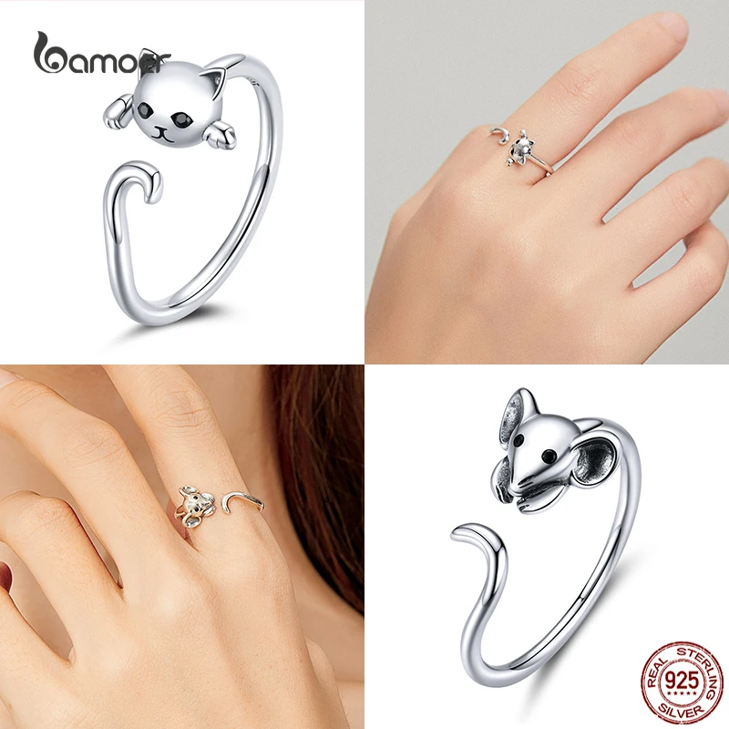 Bamoer Genuine 925 Sterling Silver Cute Cat and Mouse Ring for Women S925 Open Animal Ring Fine Jewelry Accessories for Girl