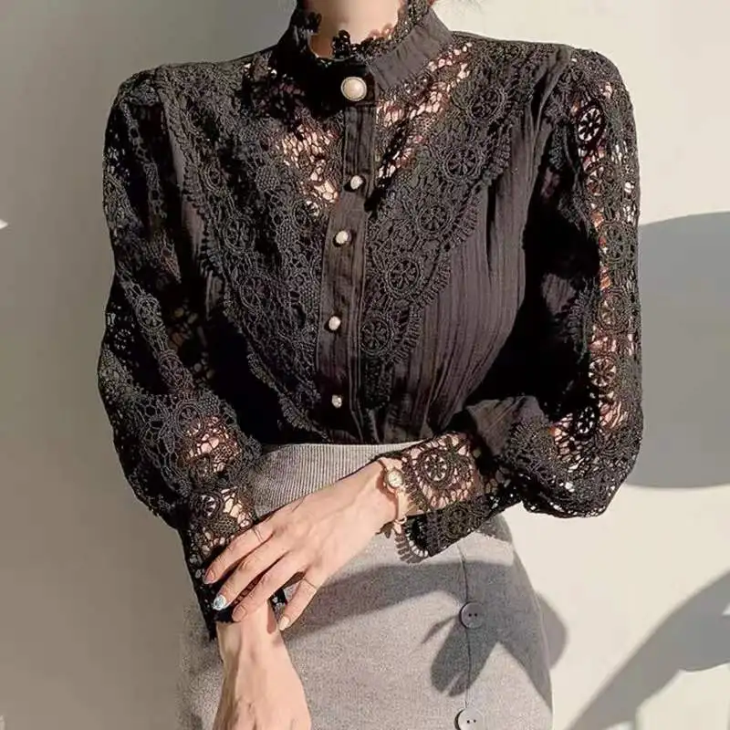 Elegant Petal Sleeve Stand Collar Hollow Out Flower Lace Patchwork Women Shirt Femme Lace Blouse Button Tops 12419