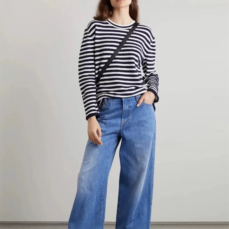 R0W-pantalones vaqueros de pierna ancha de cintura alta para mujer, pantalón holgado Retro azul, informal, recto, primavera y otoño