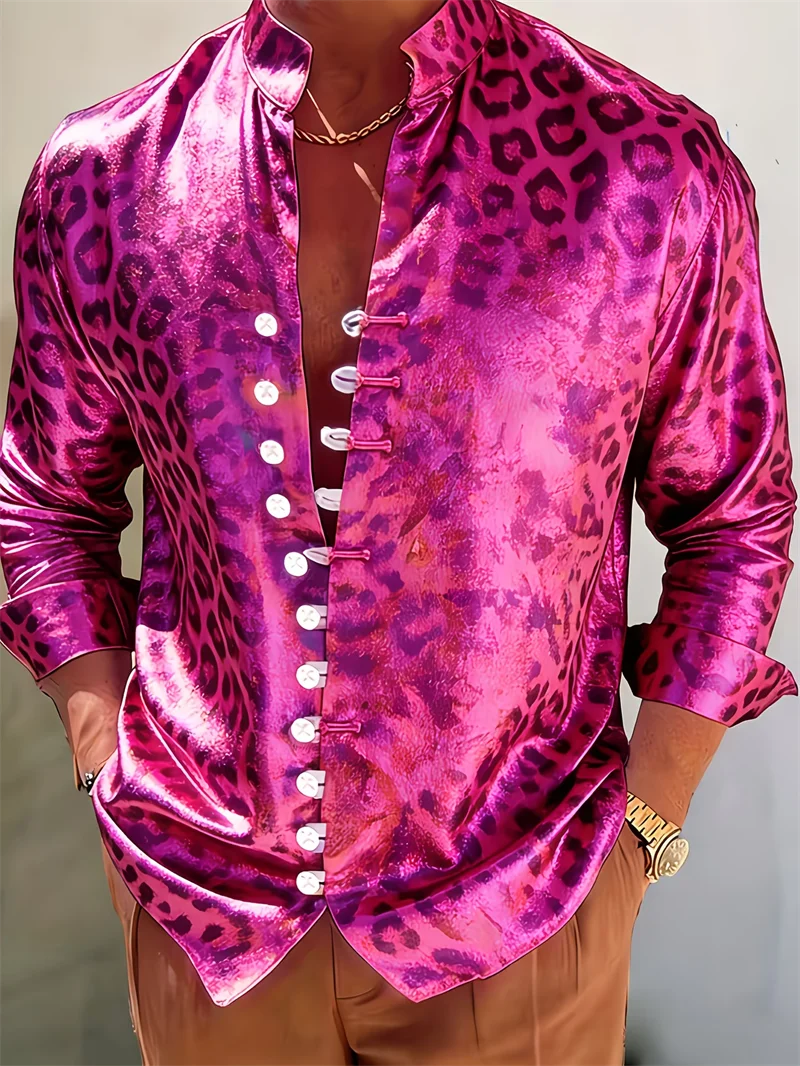 New light luxury pink purple grape men's long sleeved shirt with 3D printed stand up collar casual shirt