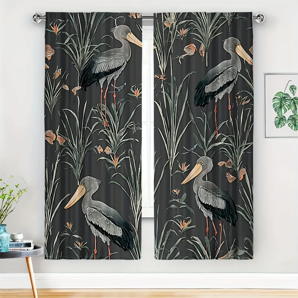 Elegant Shoebill Stork Botanical Curtains Set of 2 – Dark Grey Background  Rodless Panel Drapes for Living Room & Bedroom