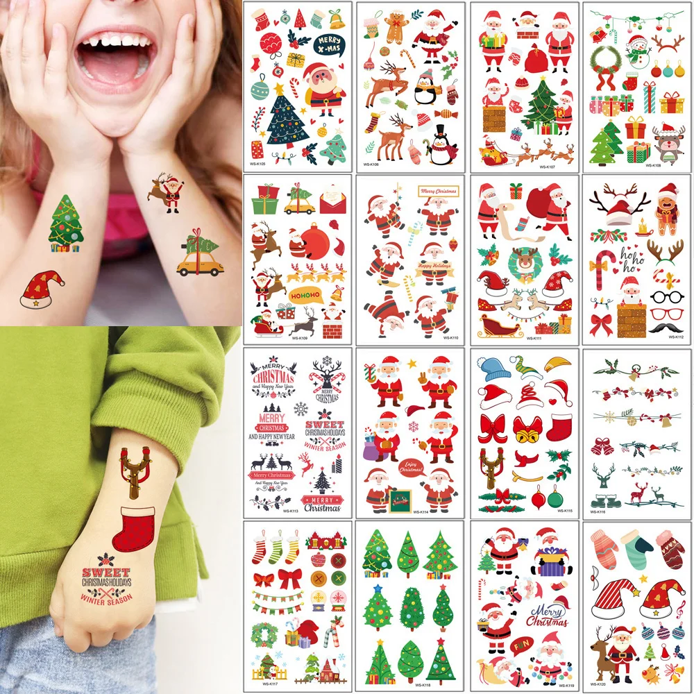 16 Sheets Christmas Temporary Tattoos Children Cartoon Tree Snowman Pattern Tattoo Stickers for Kids Fake Tattoo Women Men