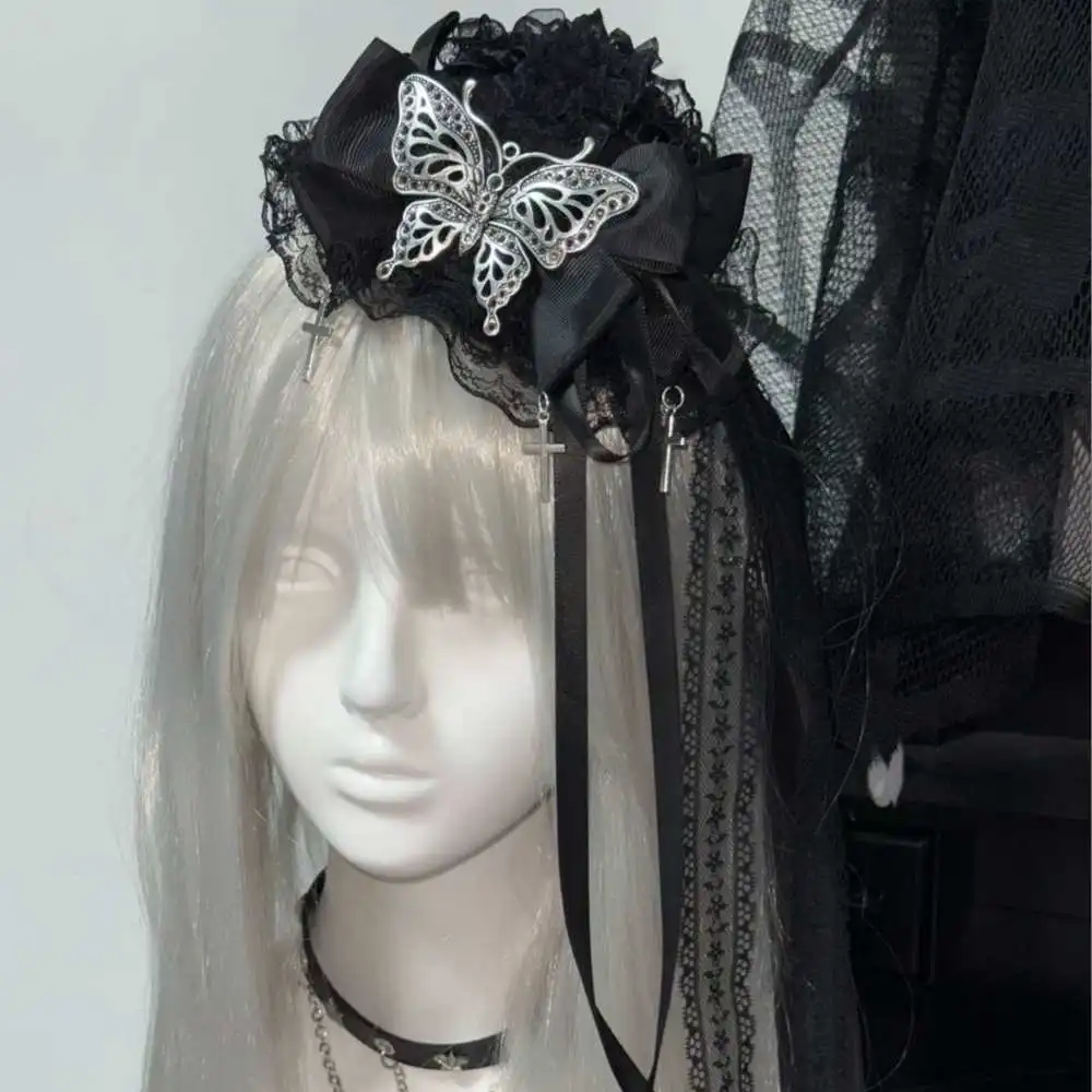 

Handmade Gothic Butterfly Dark Rivets Subculture Bow Ribbons Lace Mini Hat Headwear Lolita Hair Accessories