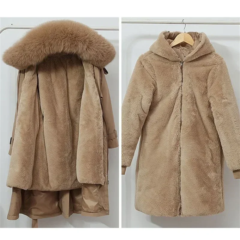 Parka longue à capuche avec doublure en fourrure pour femme, manteau rembourré Smile, veste chaude, vêtements d'extérieur détachables, optique, 5XL, nouveau, hiver, 2023