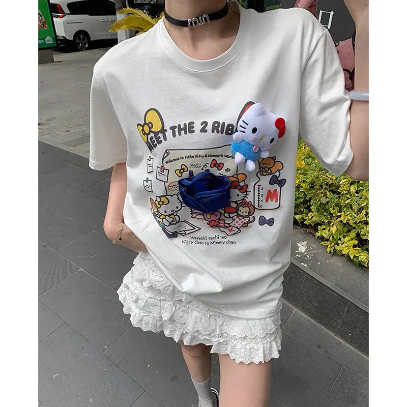 

Sanrio Hello Kitty Anime Tees 3D Cartoon Letter Printed T-shirt For Women Design Loose Casual Versatile Short Sleeved Tops Gifts