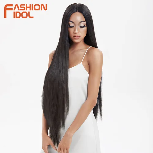 Imagen 2 del producto Pelucas de encaje liso sintético FASHION IDOL, peluca con malla frontal de pelo liso súper largo de 38 "", pelucas de cosplay de color rosa y Rubio Lolita para mujer