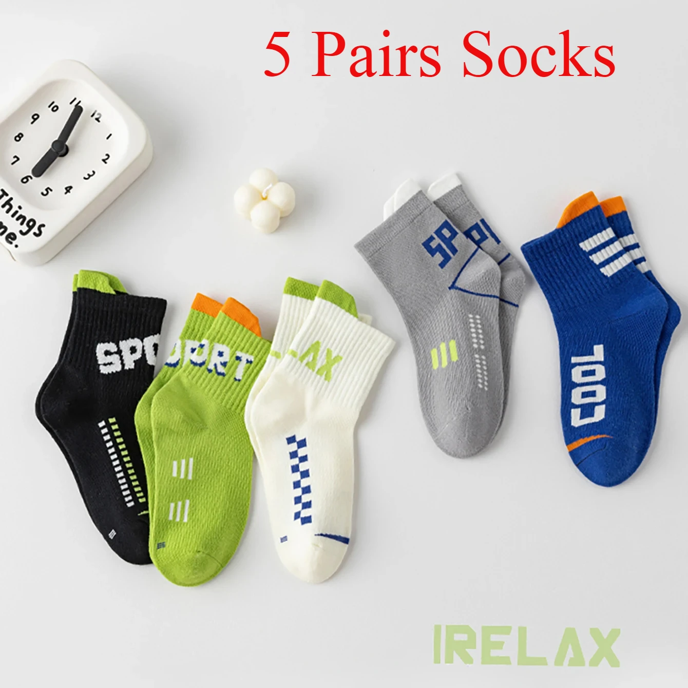 5 Paar süße Socken mit Cartoon-Buchstabenmuster für Jungen und Mädchen, atmungsaktiv, bequem, hohe Elastizität, schweißableitend und geruchsparend