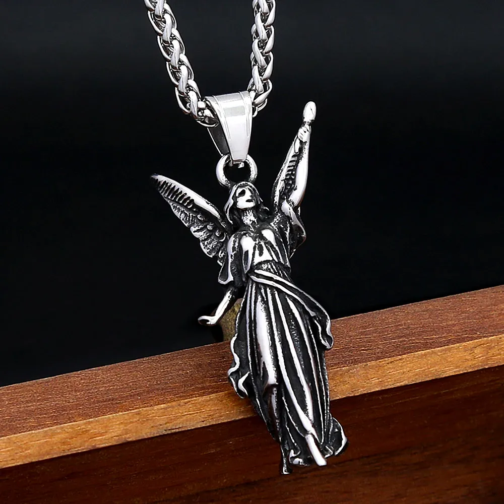 Vintage Angel Winged Pendant Necklace Angel Statue Religious Amulet Gothic Punk Fashion Party Jewelry Gifts For Men Women